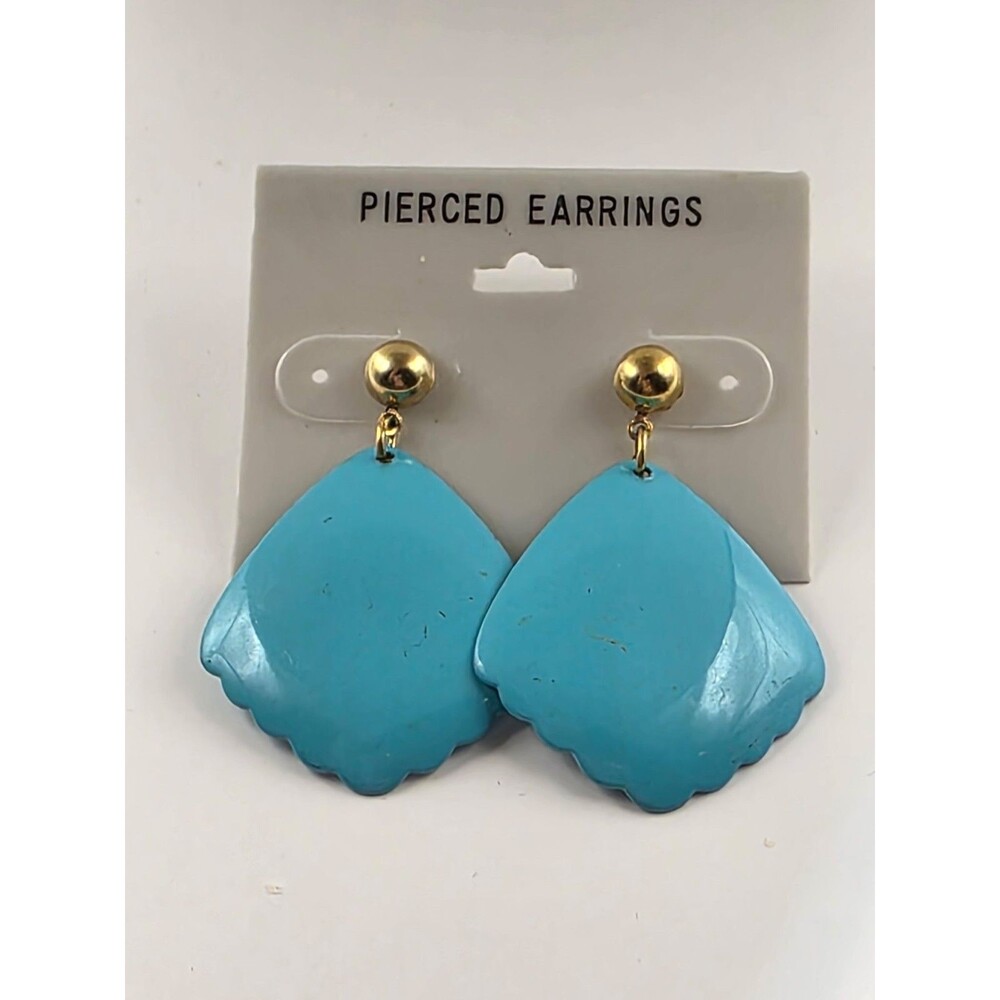 Turquoise Scalloped Enamel Metal Drop Pierced Earrings Funky Retro Style 1 1/2"